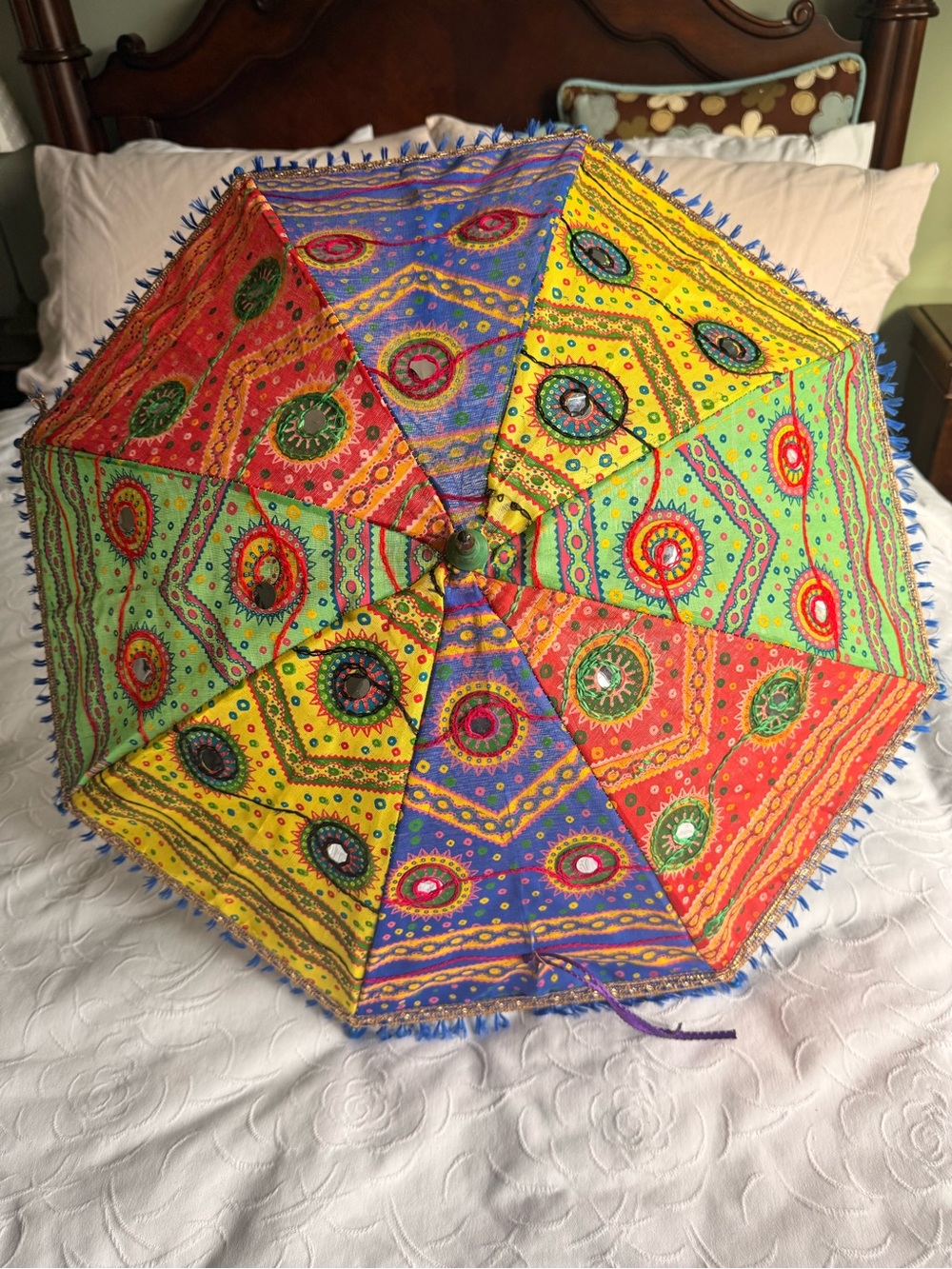 Vintage Indian Embroidered Parasol Mirror Work Sun Umbrella Boho Festival Decor